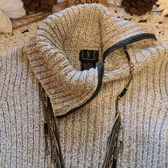 SWEATER GRAY BLACK WITH LEATHER TRIM RIBBED SIZE M - Picture 11 of 16